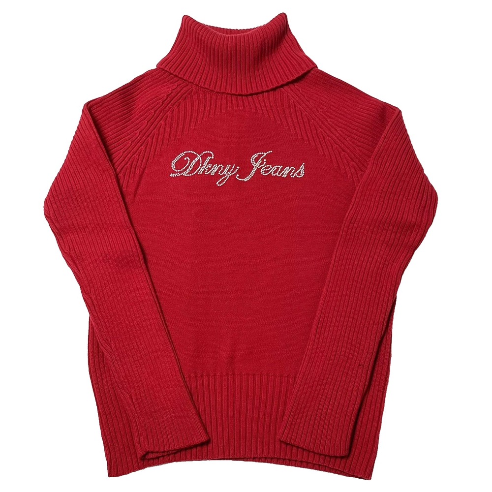 DKNY Jeans Womens Turtleneck Knit Sweater L Red Embellished Rhinestone Logo Chic